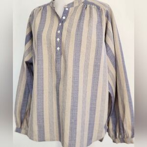 || VALIANTE || linen, henley, buttons, ¾ length sleeves, size xs, blue/tan